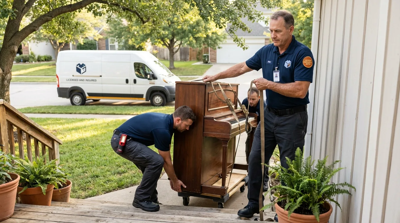 Licensed piano movers securing grand piano in New Stanton, PA