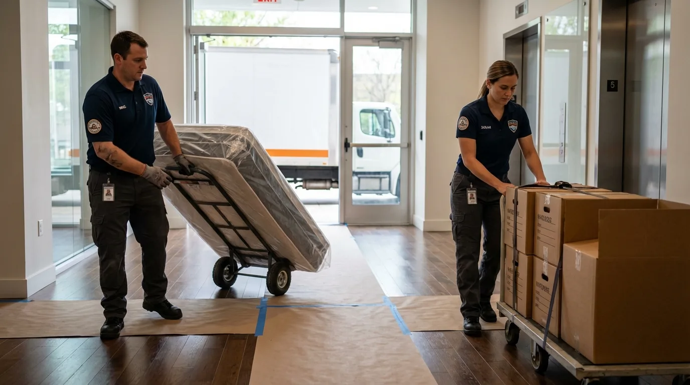Professional apartment movers loading elevator in New Stanton, PA