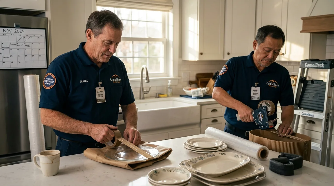 Professional crew packing kitchen dishware in New Stanton, PA